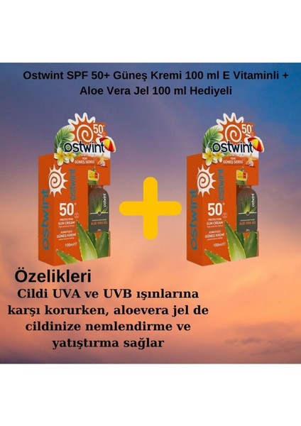 2ADET Spf 50 Güneş Kremi 100 ml E Vitaminli Aloe Vera Jel 100 ml Hediyeli