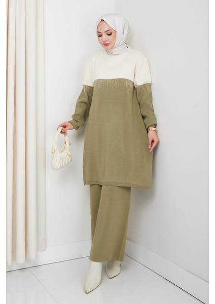 Iki Renk Simli Triko Tunik Pantolon Takım