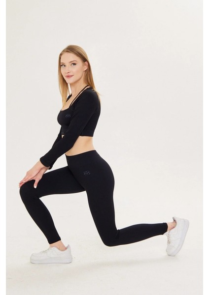 Ouma Bisiklet Yaka Düz Desenli Slim Fit Siyah Renk Tayt Takım