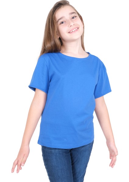 Organik Karpuz Kollu Mavi Yazlık Kız Çocuk Tshirt