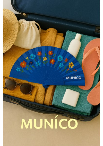 12 Adet Dekoratif El Yelpazesi Renkli Çiçek Deseni ve Mavi Zeminle Sahne Performans Hediyelik