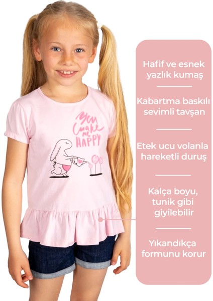 Kabartma Baskılı Pembe Yazlık Kız Çocuk Tunik Tshirt