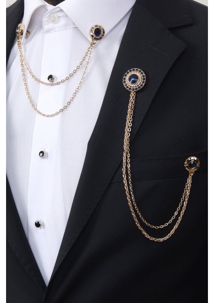 Gold Renk Lacivert Taşlı Ceket & Gömlek Yaka Broş Seti