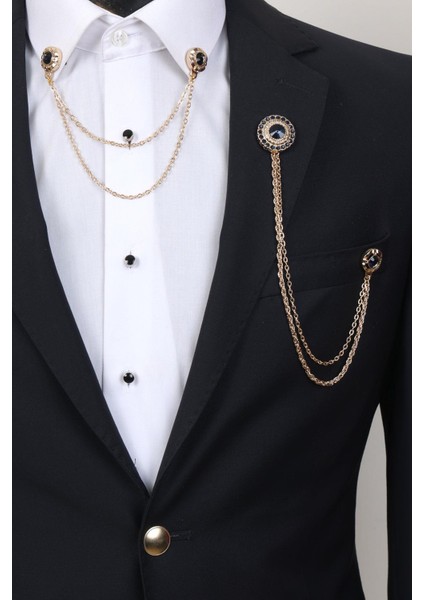 Gold Renk Lacivert Taşlı Ceket & Gömlek Yaka Broş Seti fiyatları