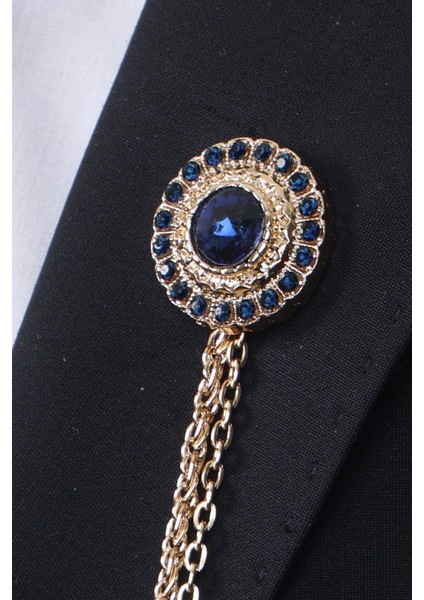 Gold Renk Lacivert Taşlı Ceket & Gömlek Yaka Broş Seti modelleri