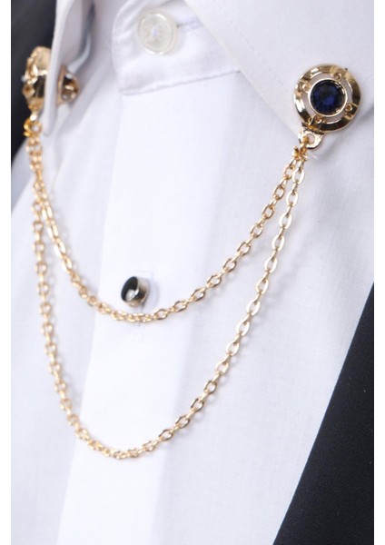 Gold Renk Lacivert Taşlı Ceket & Gömlek Yaka Broş Seti fırsatları