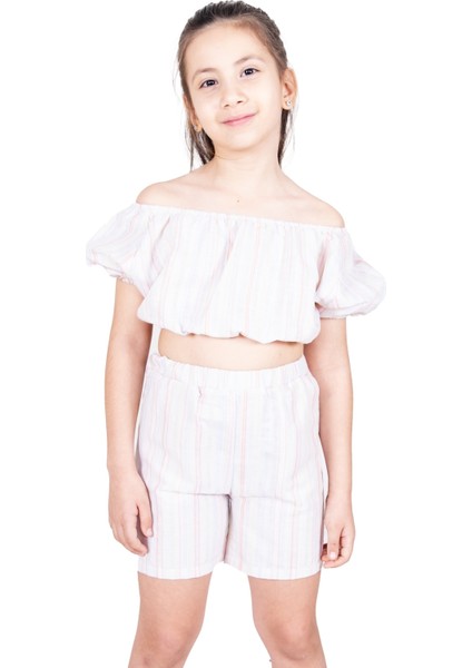 Pamuk Keten Çizgili Crop Kesim Yazlık Kız Çocuk Bluz