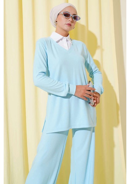 Gömlek Yaka Fitilli Salaş Ikili Takım Buz Mavisi fiyatları