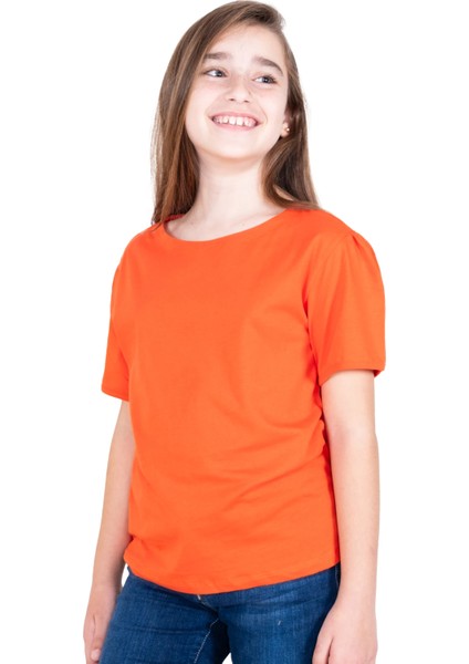 Organik Karpuz Kollu Turuncu Yazlık Kız Çocuk Tshirt