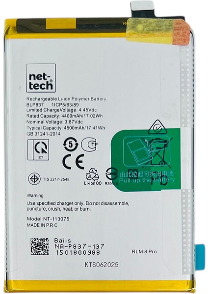 Teknonet Realme 8 Pro Uyumlu Nettech BLP837 4500 Mah Batarya