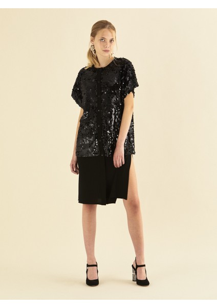 Düşük Omuz Payetli Gece Elbisesi Siyah K1916317_001