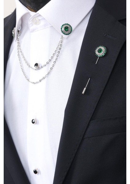 Yeşil Taşlı Gömlek Yaka & Uzun Iğneli Taşlı Broş