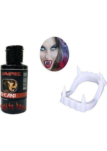 Beyaz Renk Çift Damak Takma Vampir Dişi ve 50 gr Tiyatro Kanı