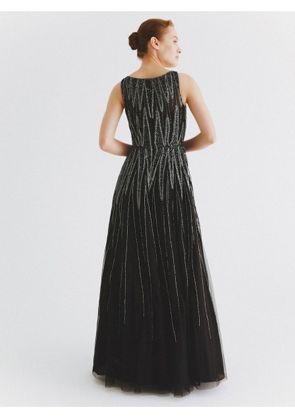 Boncuk İşlemeli Uzun Nişan Elbisesi Siyah K2062101_001 fırsatları