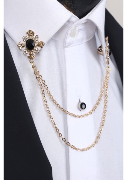 Gold Renk Siyah Beyaz Taşlı Zinciri Gömlek Yaka Broşu