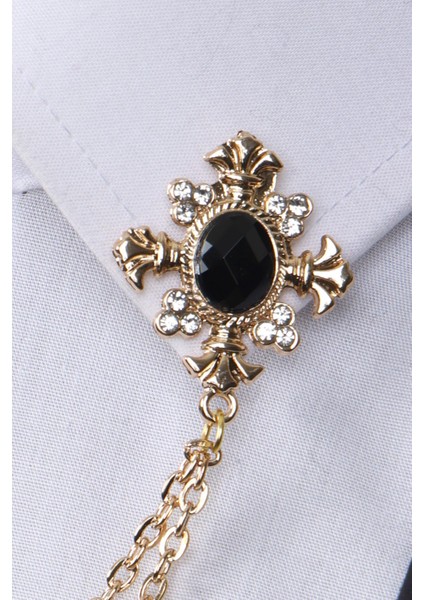 Gold Renk Siyah Beyaz Taşlı Zinciri Gömlek Yaka Broşu fiyatları