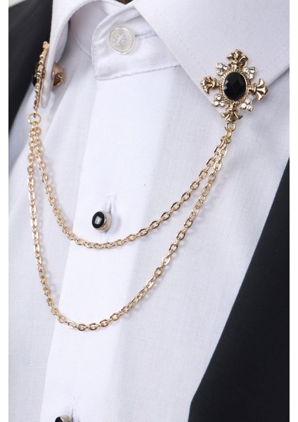 Gold Renk Siyah Beyaz Taşlı Zinciri Gömlek Yaka Broşu modelleri
