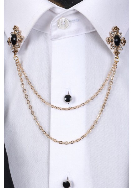 Gold Renk Siyah Beyaz Taşlı Zinciri Gömlek Yaka Broşu fırsatları