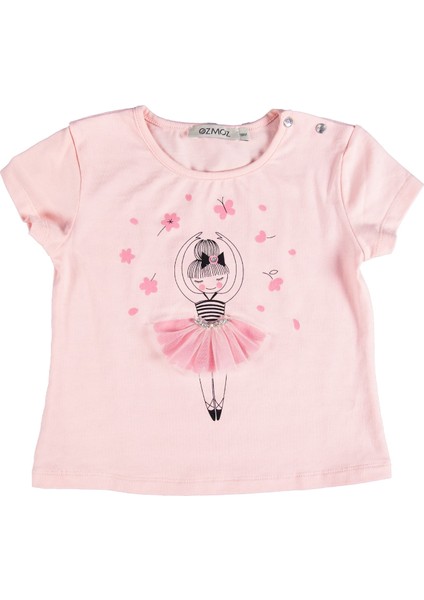 Balerin Baskılı Taşlı Tül Süslemeli Pembe Yazlık Kız Çocuk Tshirt