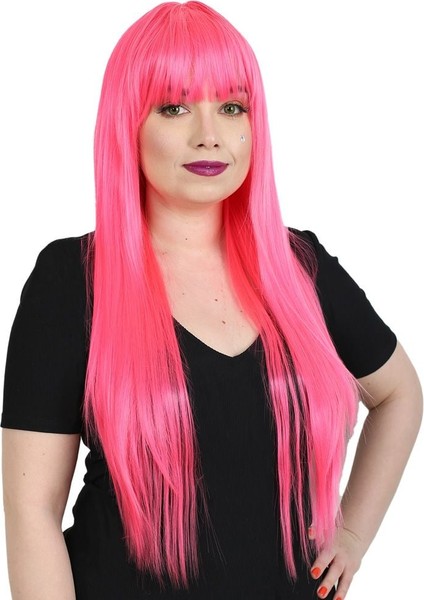 Uzun Kahküllü Fiber Sentetik Peruk / Neon Pembe