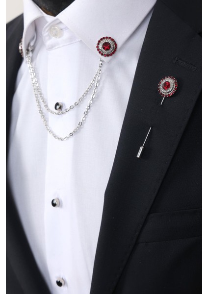 Kırmızı Taşlı Gömlek Yaka & Uzun Iğneli Taşlı Broş