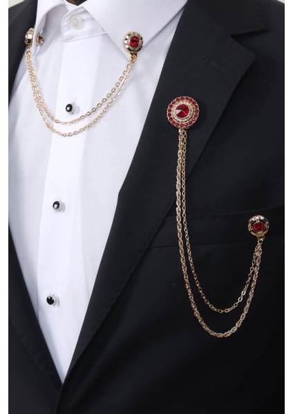 Gold Renk Kırmızı Taşlı Ceket & Gömlek Yaka Broş Seti