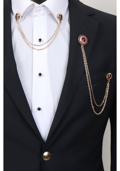 Gold Renk Kırmızı Taşlı Ceket & Gömlek Yaka Broş Seti fiyatları