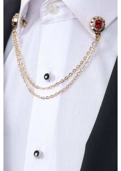 Gold Renk Kırmızı Taşlı Ceket & Gömlek Yaka Broş Seti fırsatları