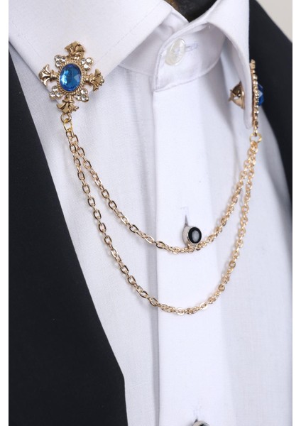 Gold Renk Mavi Beyaz Taşlı Zincirli Gömlek Yaka Broşu