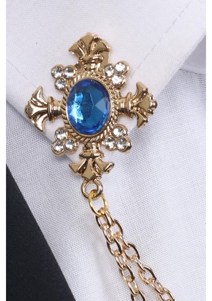 Gold Renk Mavi Beyaz Taşlı Zincirli Gömlek Yaka Broşu fiyatları