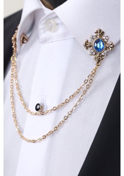 Gold Renk Mavi Beyaz Taşlı Zincirli Gömlek Yaka Broşu modelleri