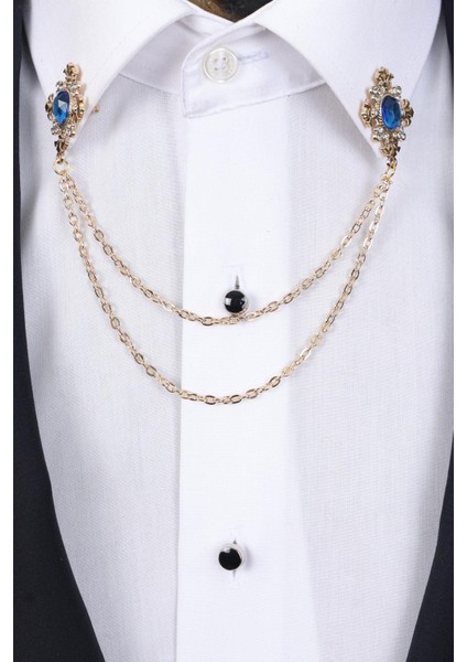 Gold Renk Mavi Beyaz Taşlı Zincirli Gömlek Yaka Broşu fırsatları