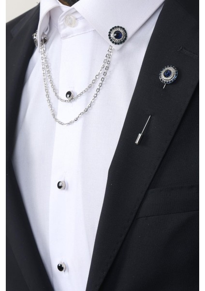 Lacivert Taşlı Gömlek Yaka & Uzun Iğneli Taşlı Broş