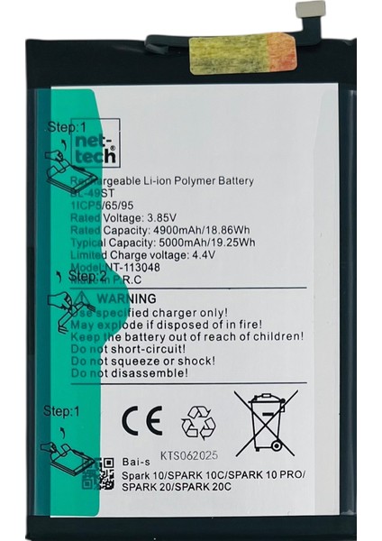 Teknonet Tecno Spark 10 Pro Uyumlu Nettech BL-49ST 5000 Mah Batarya