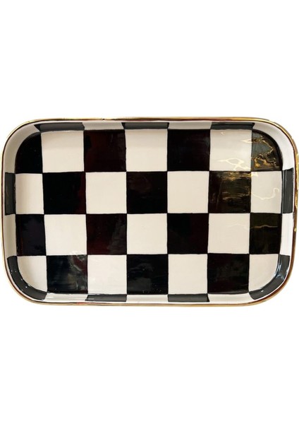 Damalı Siyah Dikdörtgen Sunum Tepsi