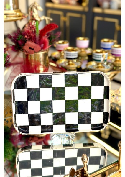 Damalı Siyah Dikdörtgen Sunum Tepsi fiyatları