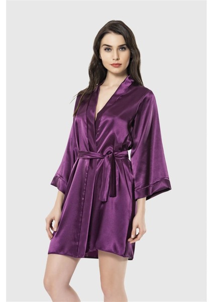 Mor Kısa Saten Sabahlık
