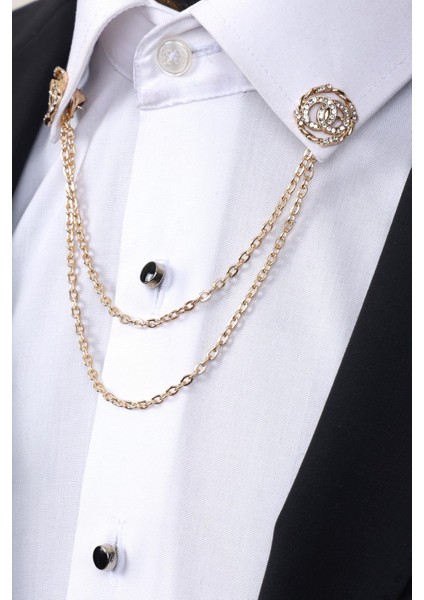 Gold Renk Halka Desen Beyaz Taşlı Zinciri Gömlek Yaka Broşu