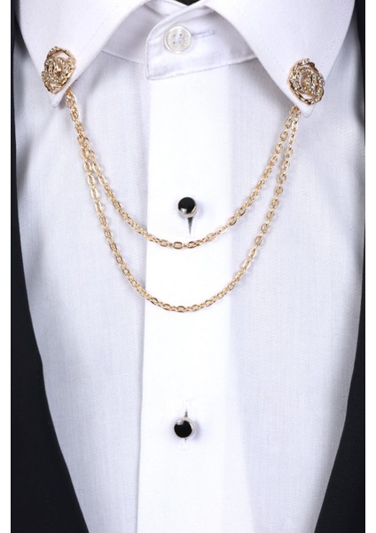 Gold Renk Halka Desen Beyaz Taşlı Zinciri Gömlek Yaka Broşu fiyatları