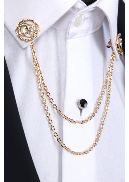 Gold Renk Halka Desen Beyaz Taşlı Zinciri Gömlek Yaka Broşu modelleri