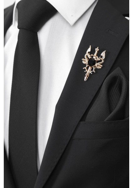 Gold Renk Taşlı Ejderli Kılıç Yaka Broş