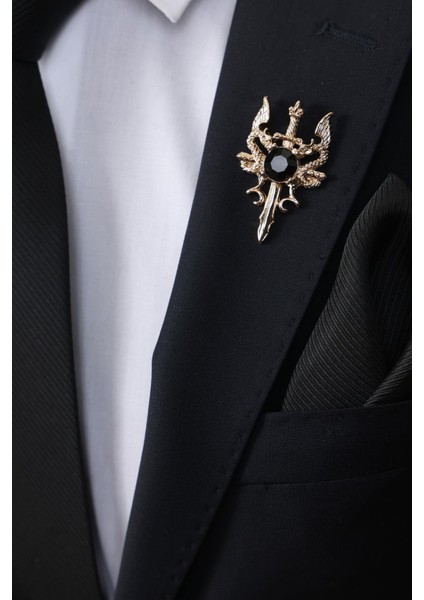 Gold Renk Taşlı Ejderli Kılıç Yaka Broş fiyatları