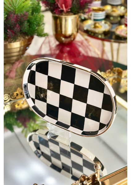 Damalı Siyah Oval Sunum Tepsi fiyatları