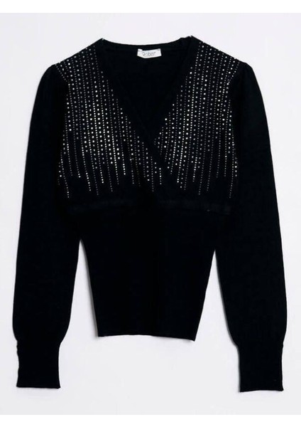 94267 Kruvaze Taşlı Triko Siyah