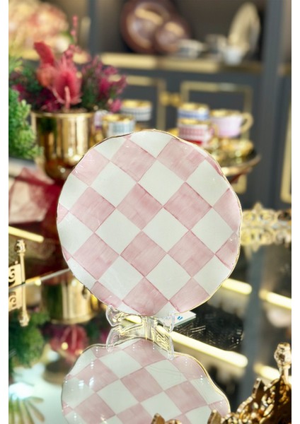 Damalı Pembe 6'lı Pasta Tabağı fiyatları