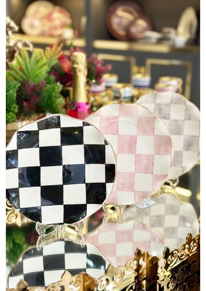 Damalı Pembe 6'lı Pasta Tabağı modelleri