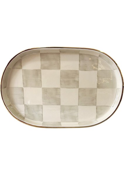 Damalı Gri Oval Sunum Tepsi
