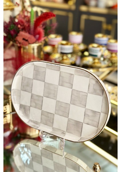 Damalı Gri Oval Sunum Tepsi fiyatları