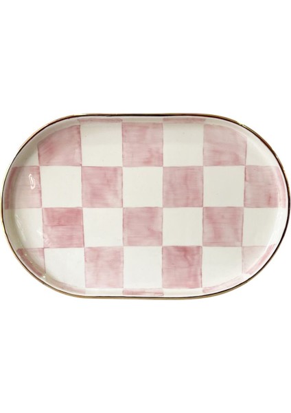 Damalı Pembe Oval Sunum Tepsi