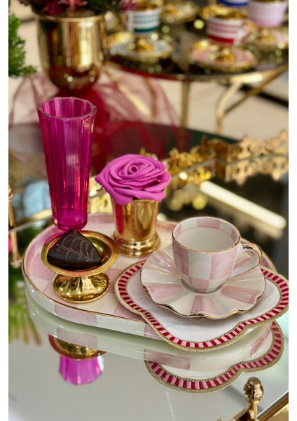 Damalı Pembe Oval Sunum Tepsi fiyatları